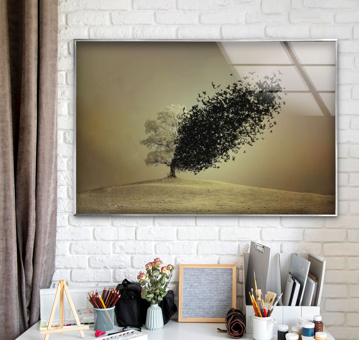 Surreal Tree Turning into Birds Wall Art – Minimalist Nature Glass Print
