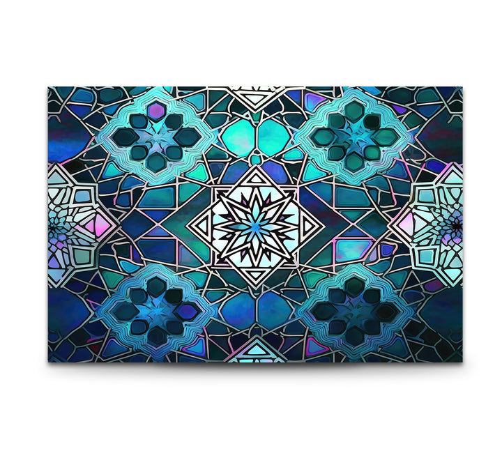 Blue Mosaic Star Glass Wall Art – Islamic Geometric Window Panel, Sacred Pattern Decor
