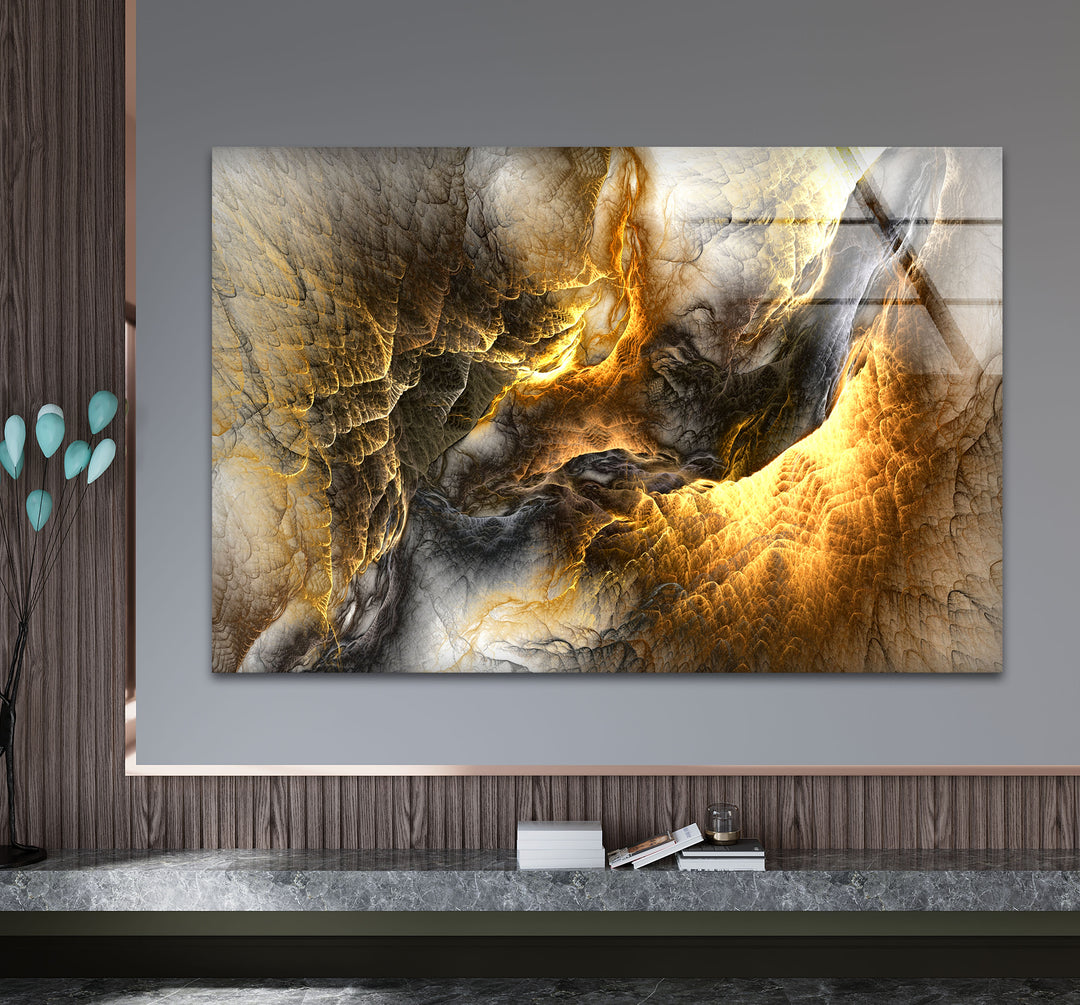Golden Ember Cavern Wall Art – Textured Abstract Glass Print Decor