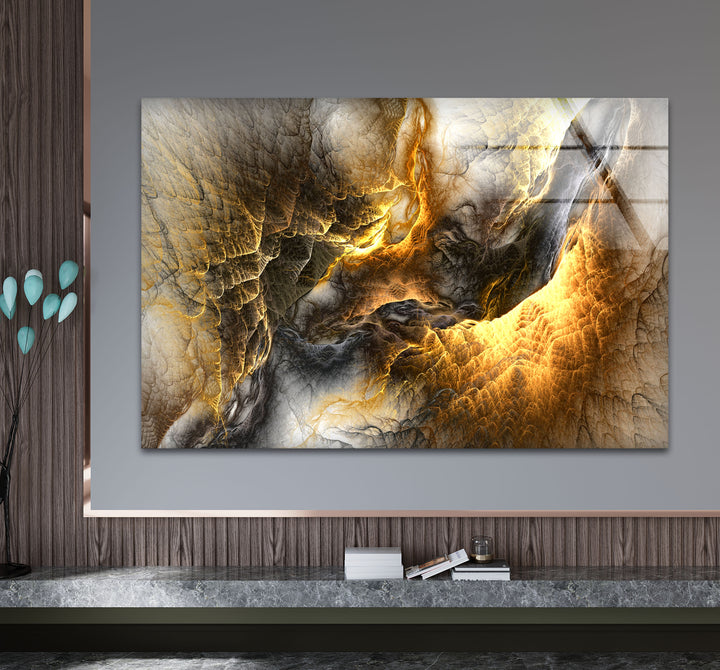 Golden Ember Cavern Wall Art – Textured Abstract Glass Print Decor