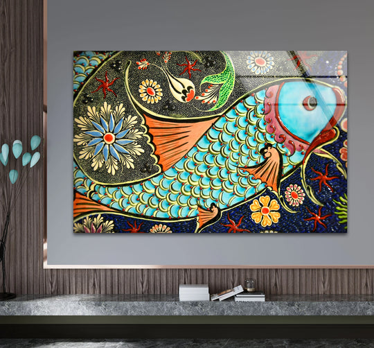 Turkish Mosaic Fish Wall Art – Colorful Ceramic Pattern Glass Print for Unique Decor - MyPhotoStation