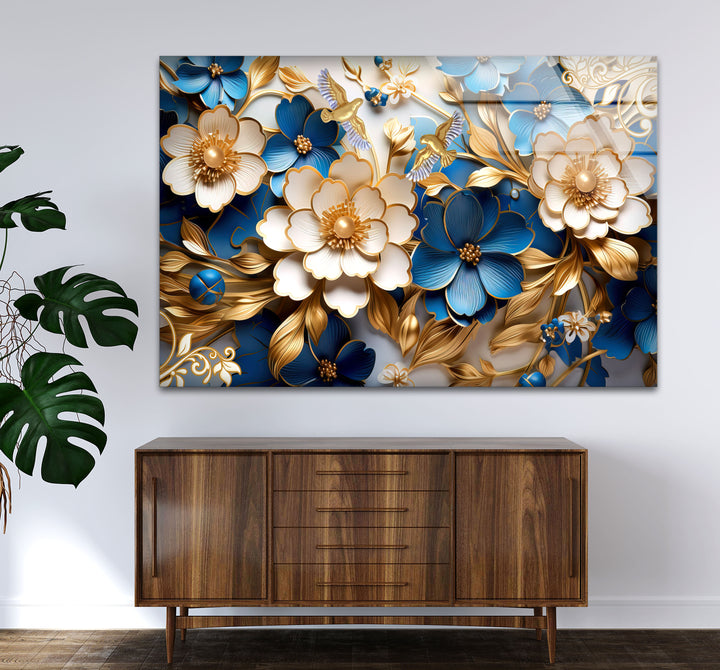 Elegante blau-goldene florale Wandkunst – 3D-Glasplatte für moderne Innenräume