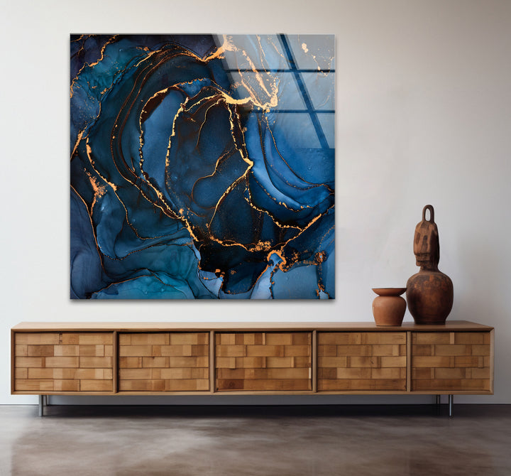 Midnight Blue Gold Abstract Wall Art – Luxury Fluid Ink Glass Print