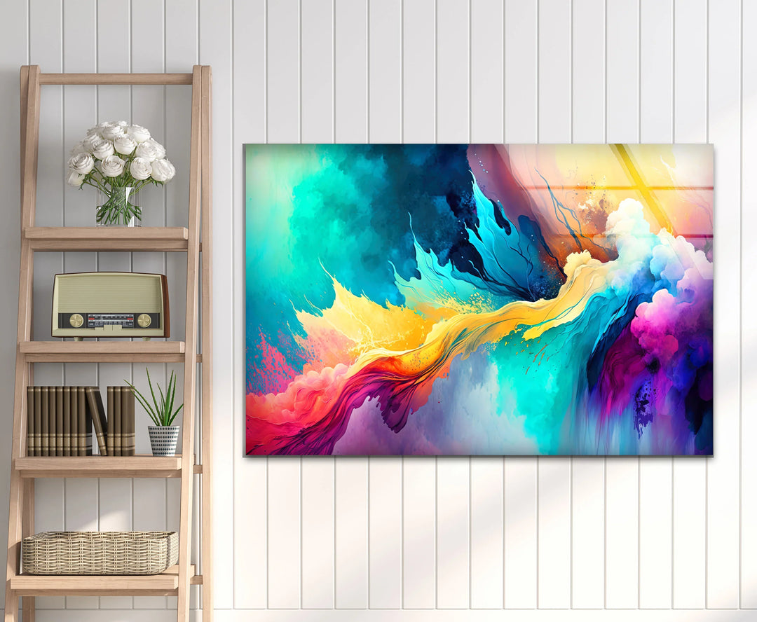 Explosive Color Abstract Glass Wall Art – Vibrant Turquoise & Yellow Energy - MyPhotoStation