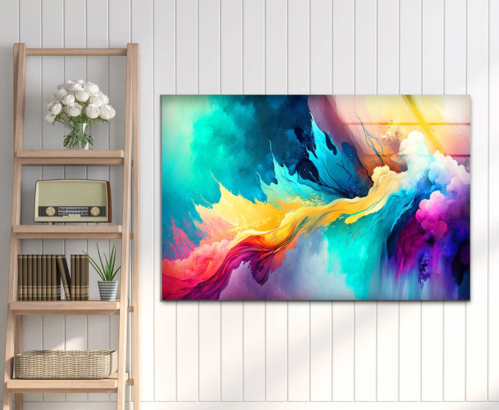 Explosive Color Abstract Glass Wall Art – Vibrant Turquoise & Yellow Energy - MyPhotoStation
