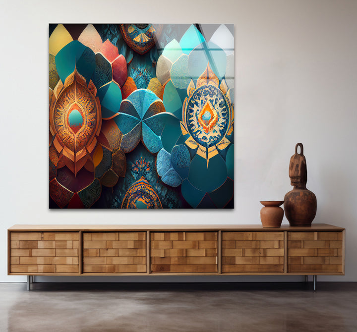 Luxuriöse Mandala-Wandkunst aus Glas – Abstraktes geometrisches Blumendesign