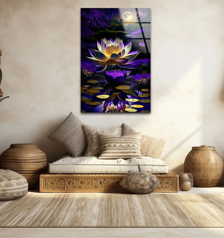Moonlit Purple Lotus Glass Wall Art – Mystical Night Bloom Floral Print - MyPhotoStation