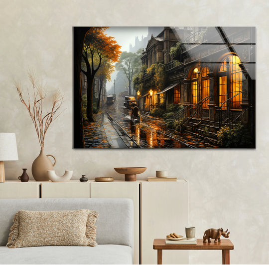 City Prints featuring vintage cityscape wall art warm light and cobbled streets detail and rainy autumn vintage decor
