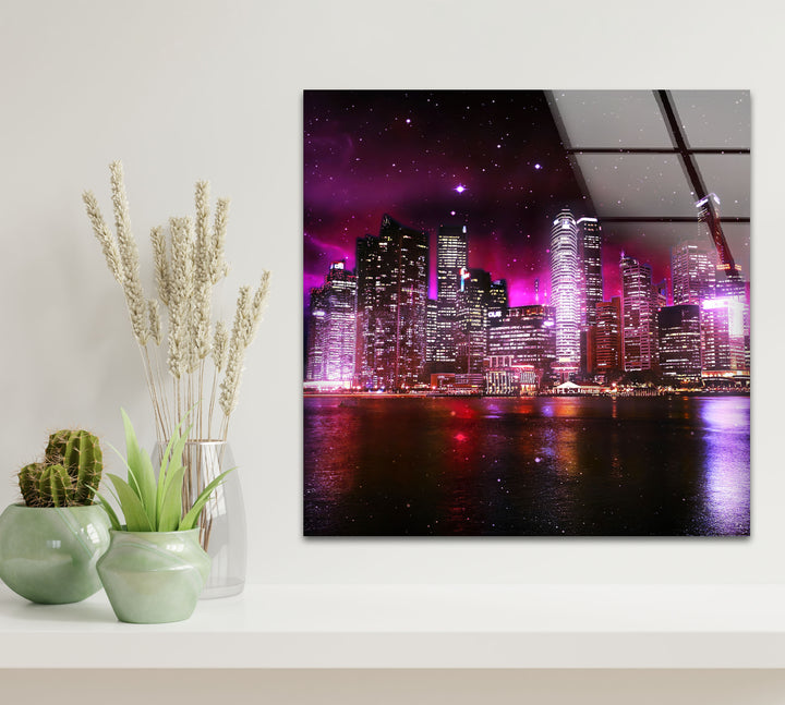 Futuristic Cityscape Wall Art – Neon Skyline Glass Print with Galaxy Night View