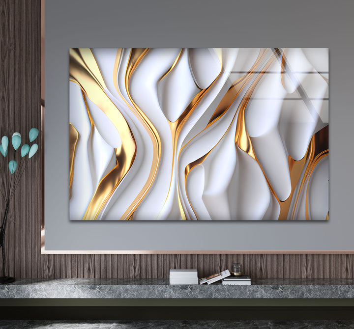Gold White Abstract Wall Art – Luxury Fluid Texture Glass Print for Modern Interiors