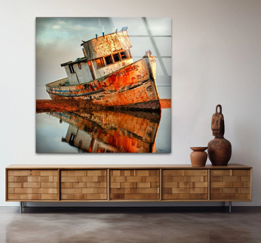 Rustic Abandoned Boat Glass Wall Art – Reflections of Time Nautical Print - MyPhotoStation