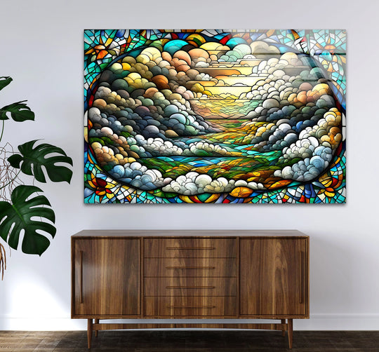Stained Glass Landscape Wall Art – Colorful Sky & Rolling Hills - MyPhotoStation
