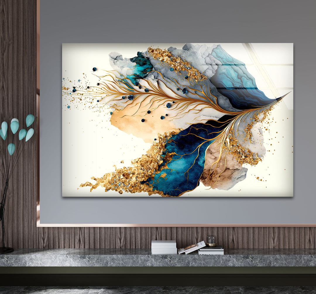 Abstrakte Glaswandkunst in Gold und Blau – Luxuriöses, modernes, fließendes Design