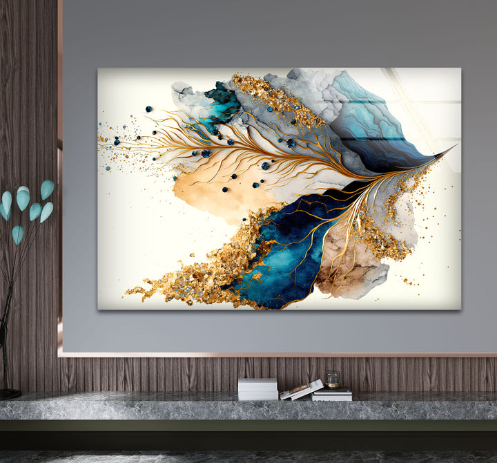 Abstrakte Glaswandkunst in Gold und Blau – Luxuriöses, modernes, fließendes Design