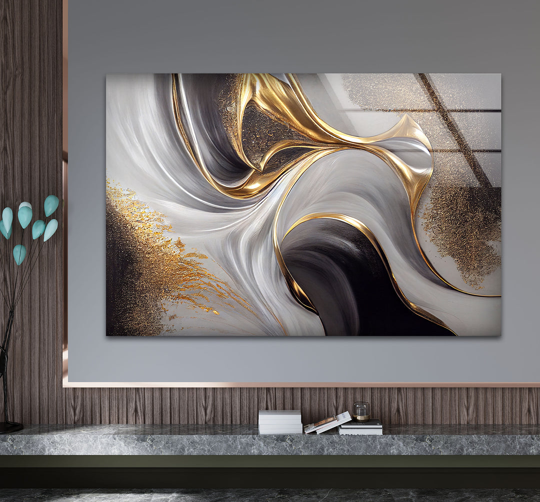 Gold Black White Abstract Wall Art – Elegant Fluid Wave Glass Print for Luxury Interiors