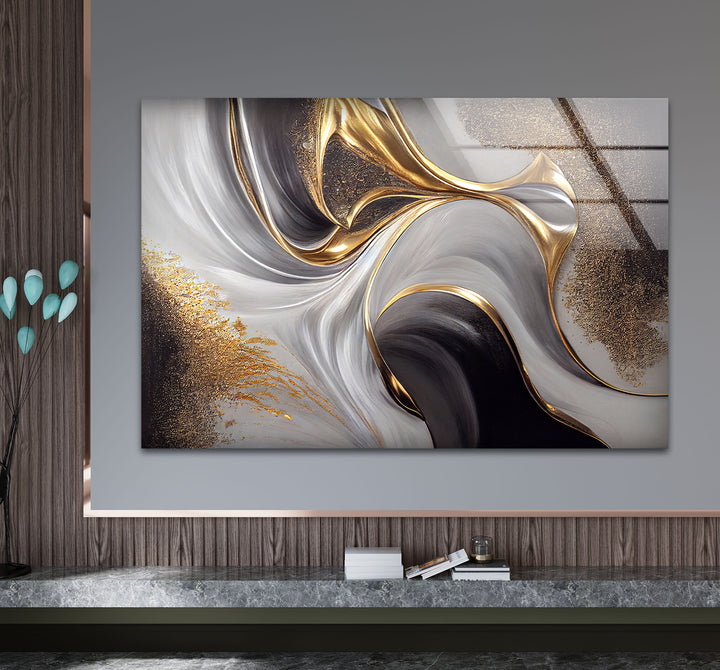 Gold Black White Abstract Wall Art – Elegant Fluid Wave Glass Print for Luxury Interiors