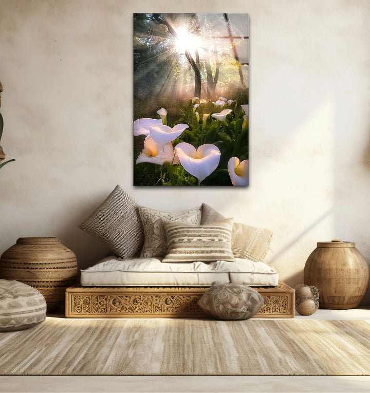 White Lily Forest Wall Art – Sunlit Flower Glass Print, Peaceful Botanical Nature Decor for Bedroom or Living Room - MyPhotoStation