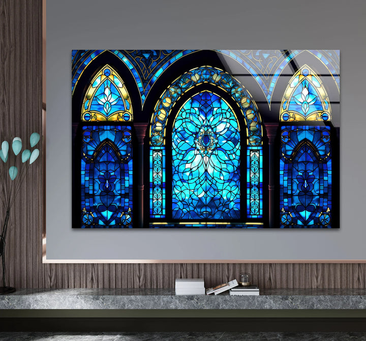 Gothic Blue Stained Glass Wall Art – Elegant Arched Window Design, Vintage Cathedral-Inspired Home Decor - MyPhotoStation