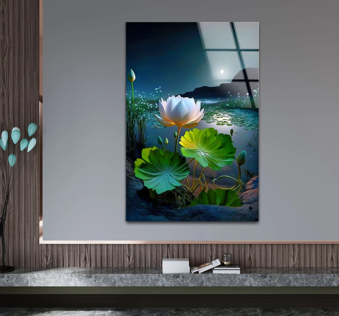 Moonlit Lotus Flower Glass Wall Art – Serene Night Lake Scene for Tranquil Home Decor - MyPhotoStation