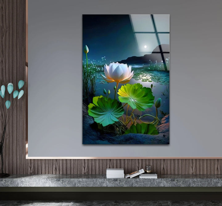 Moonlit Lotus Flower Glass Wall Art – Serene Night Lake Scene for Tranquil Home Decor - MyPhotoStation