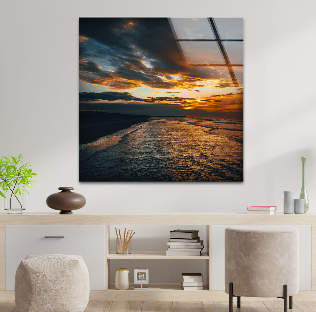 Golden Sunset Ocean Wall Art – Moody Coastal Landscape Glass Print