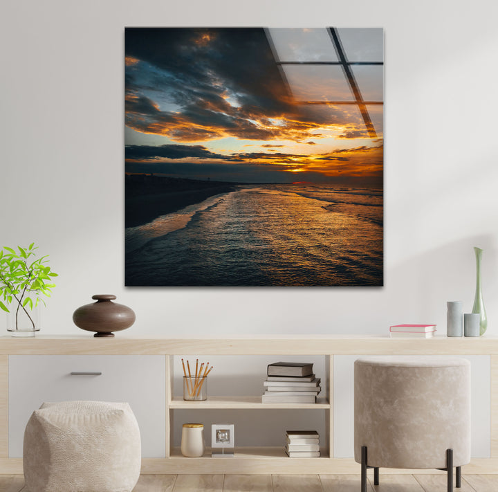 Golden Sunset Ocean Wall Art – Moody Coastal Landscape Glass Print