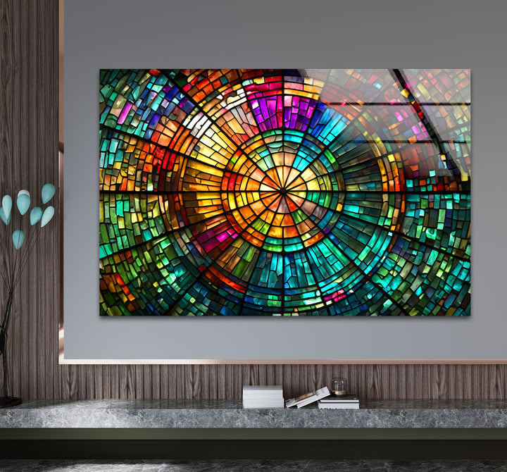 Strahlende Mosaik-Wandkunst aus Buntglas – Farbenfrohes, kreisförmiges Fensterdesign 