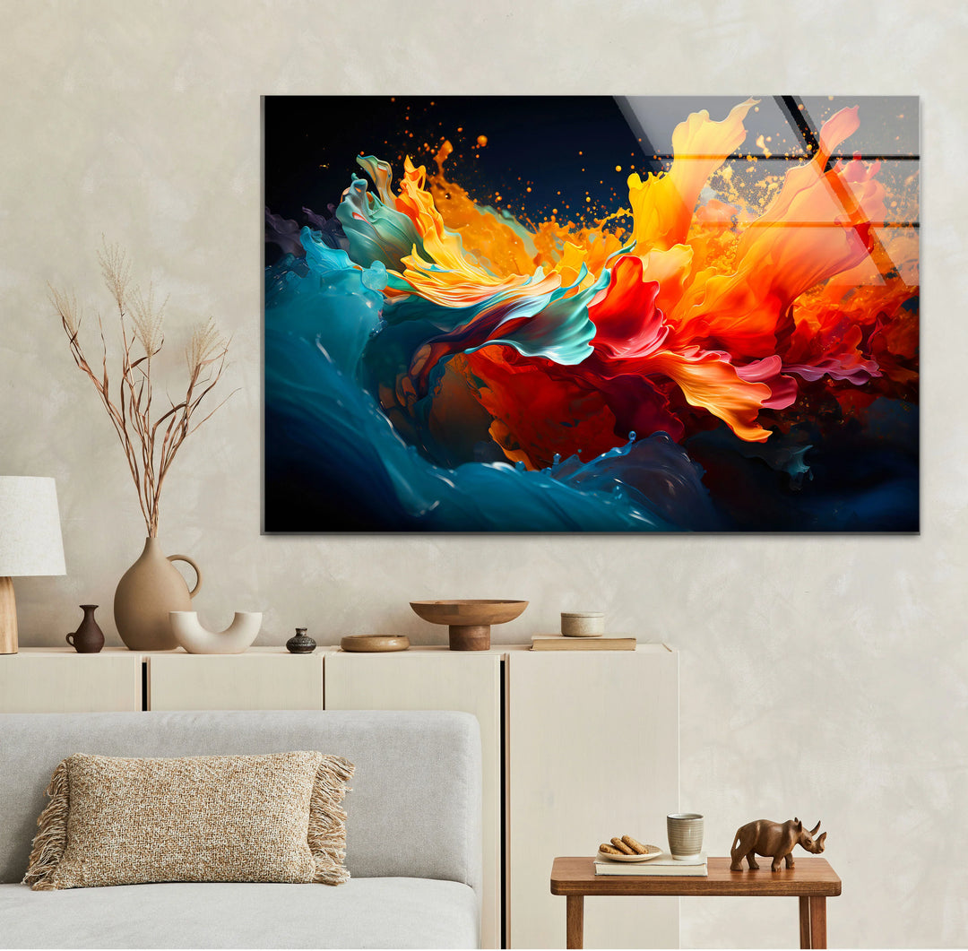 Fiery Abstract Splash Wall Art – Vibrant Glass Print in Red, Orange & Blue - MyPhotoStation