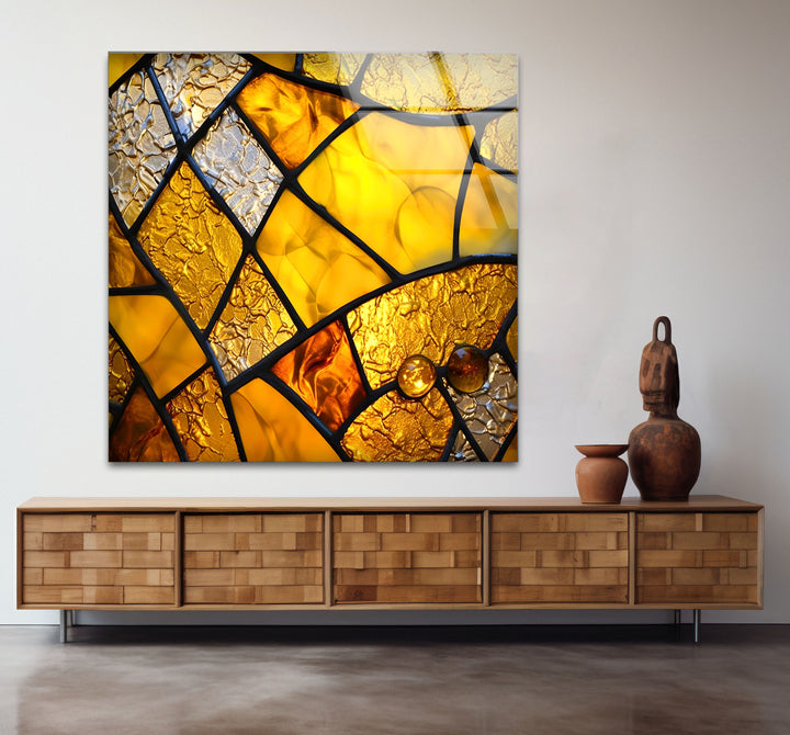 Goldene Buntglas-Wandkunst – Abstrakter strukturierter Glasdruck für Zuhause und Büro