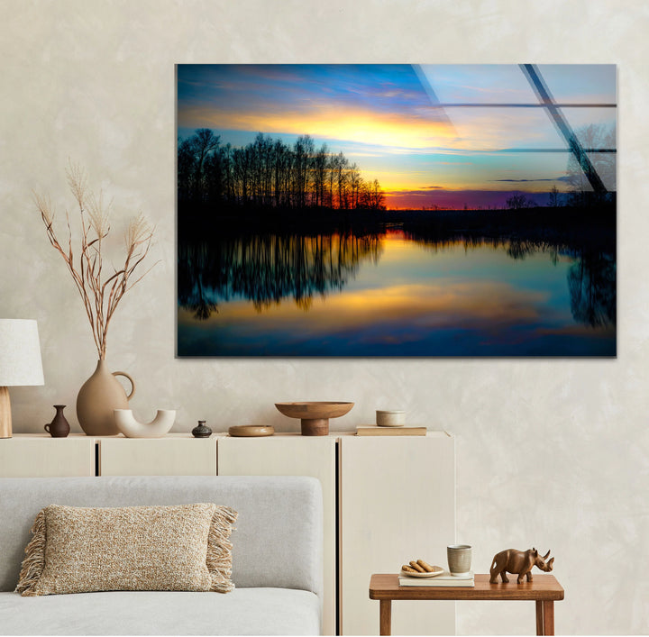 Sunset Reflection Wall Art – Tranquil Forest & Lake Glass Print for Serene Decor - MyPhotoStation