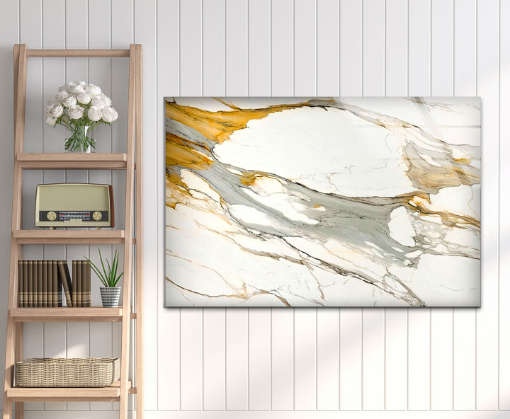 Gold Vein Marble Wall Art – Elegant Glass Print with White and Gray Swirls for Modern Luxury Interiors