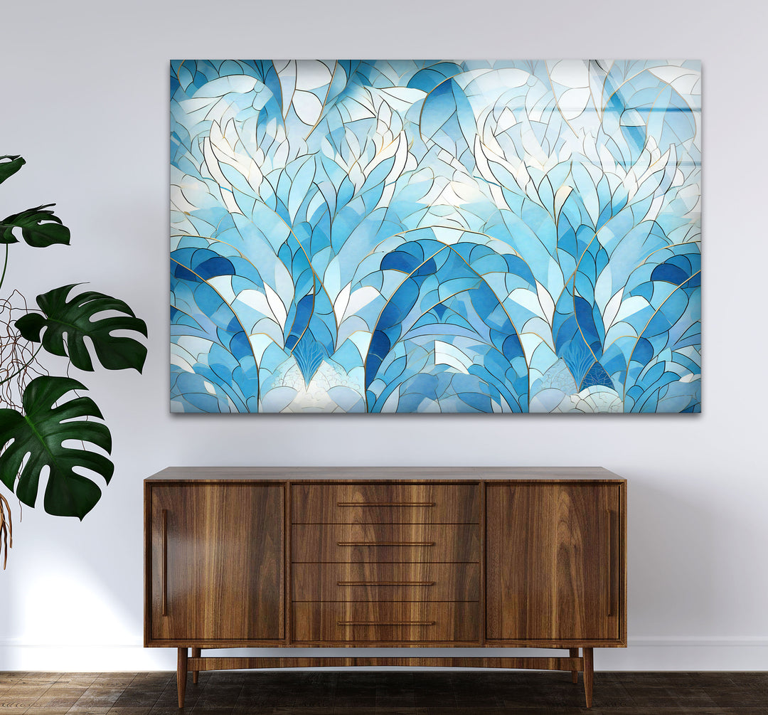Ocean Leaf Stained Glass Wall Art – Blue Botanical Window Panel, Calming Nature Decor