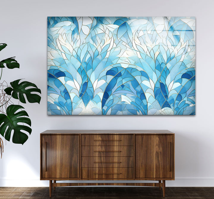 Ocean Leaf Stained Glass Wall Art – Blue Botanical Window Panel, Calming Nature Decor