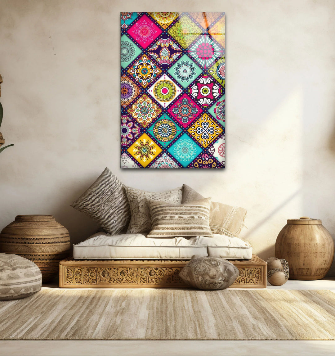 Bohemian Mandala Glass Wall Art – Colorful Mosaic Pattern for Eclectic Interiors - MyPhotoStation