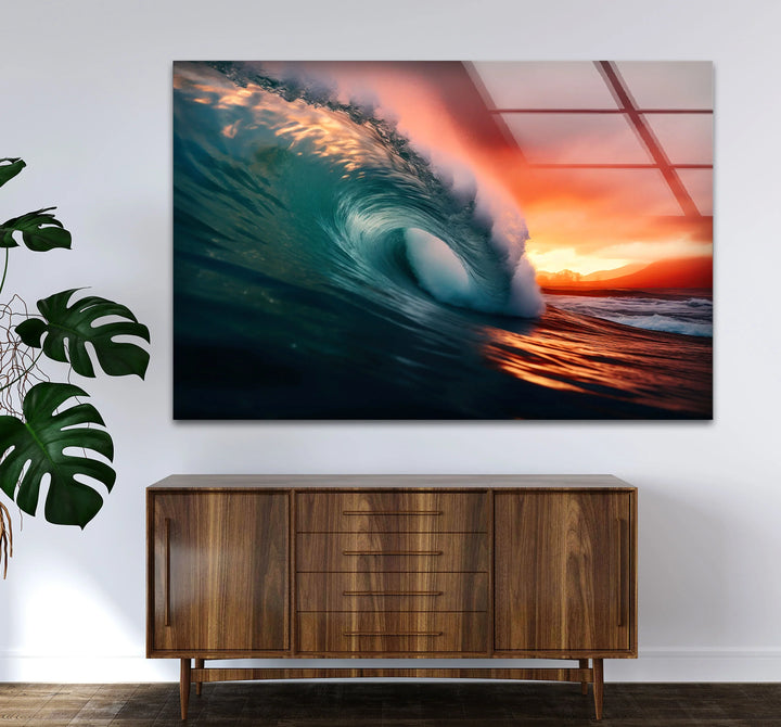 Sunset Barrel Wave Wall Art – Ocean Wave Glass Print for Coastal Home Decor - MyPhotoStation