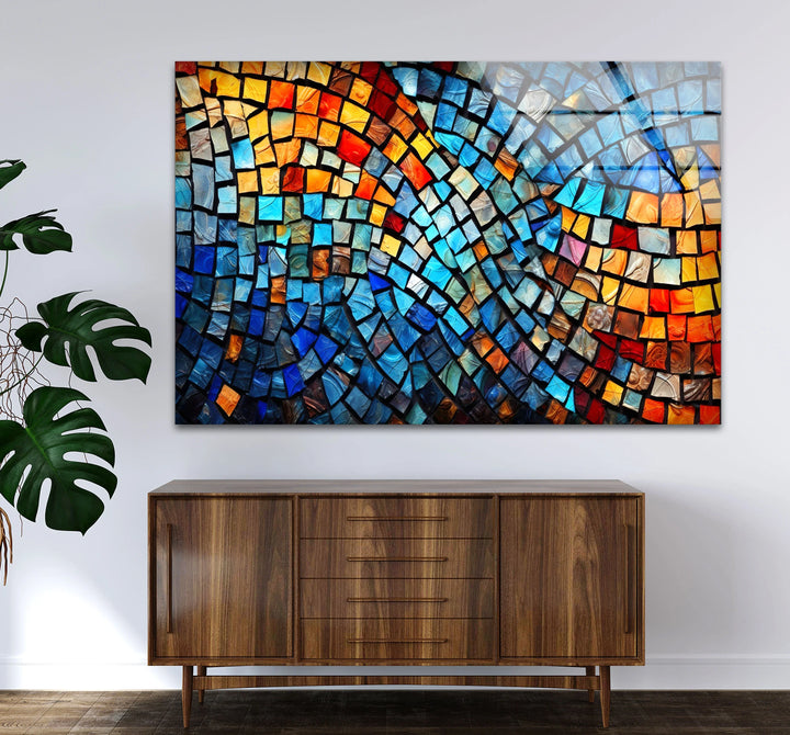 Vibrant Mosaic Wave Glass Wall Art – Colorful Abstract Squares Decor - MyPhotoStation