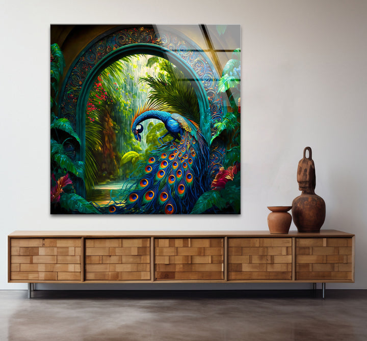 Majestic Peacock Garden Glass Wall Art – Elegant Nature-Inspired Decor