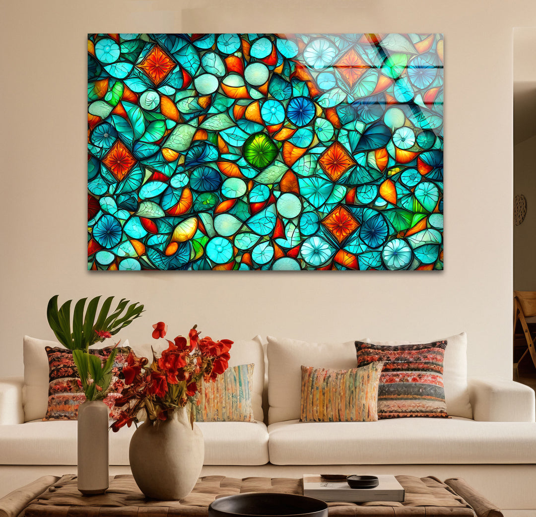 Lebendige Buntglas-Wandkunst – Abstraktes Mosaikmuster in Türkis und Orange