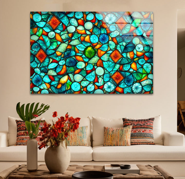Lebendige Buntglas-Wandkunst – Abstraktes Mosaikmuster in Türkis und Orange