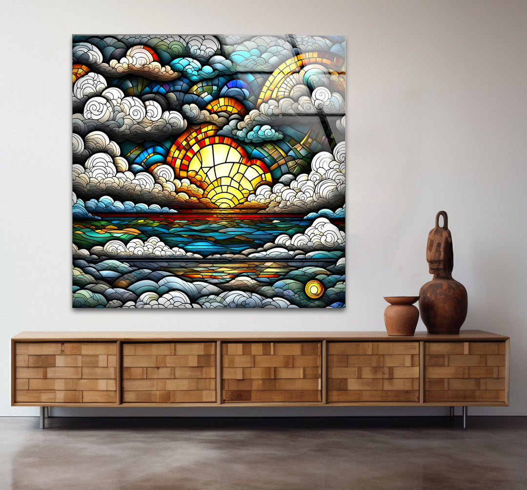Stained Glass Sunrise Cloudscape Wall Art – Serene Horizon Decor