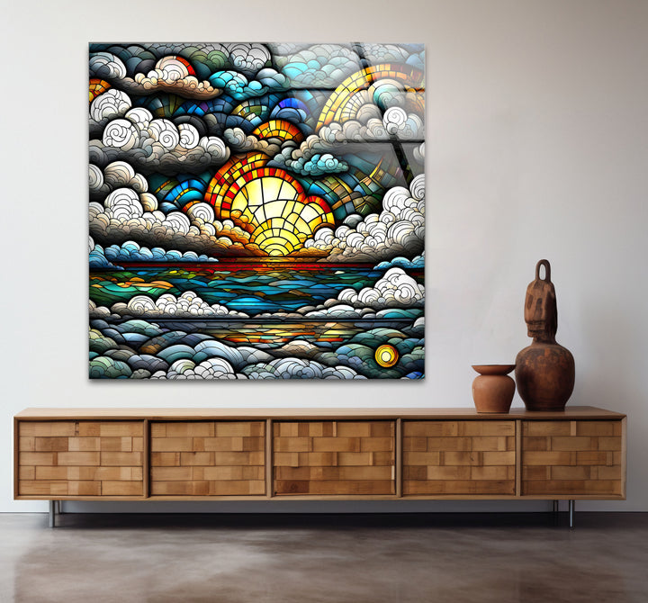 Stained Glass Sunrise Cloudscape Wall Art – Serene Horizon Decor