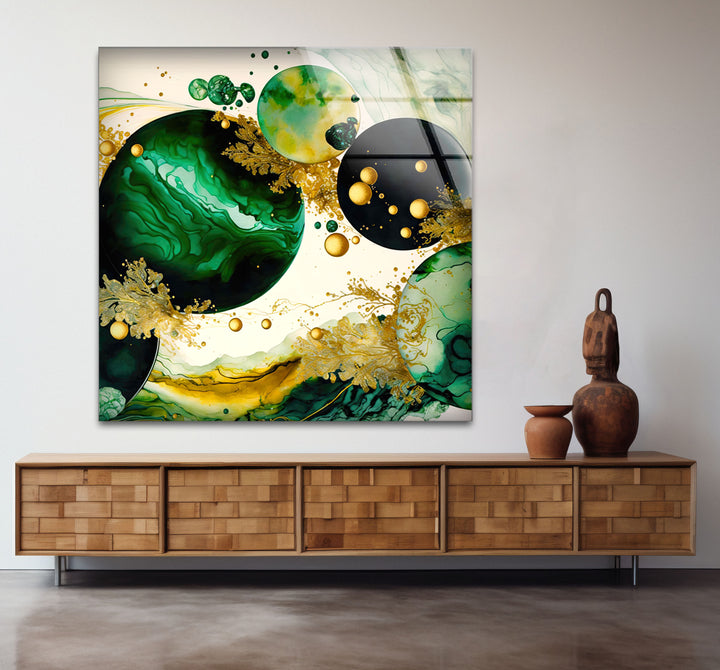 Emerald & Gold Abstract Glass Wall Art – Modern Luxury Home Decor