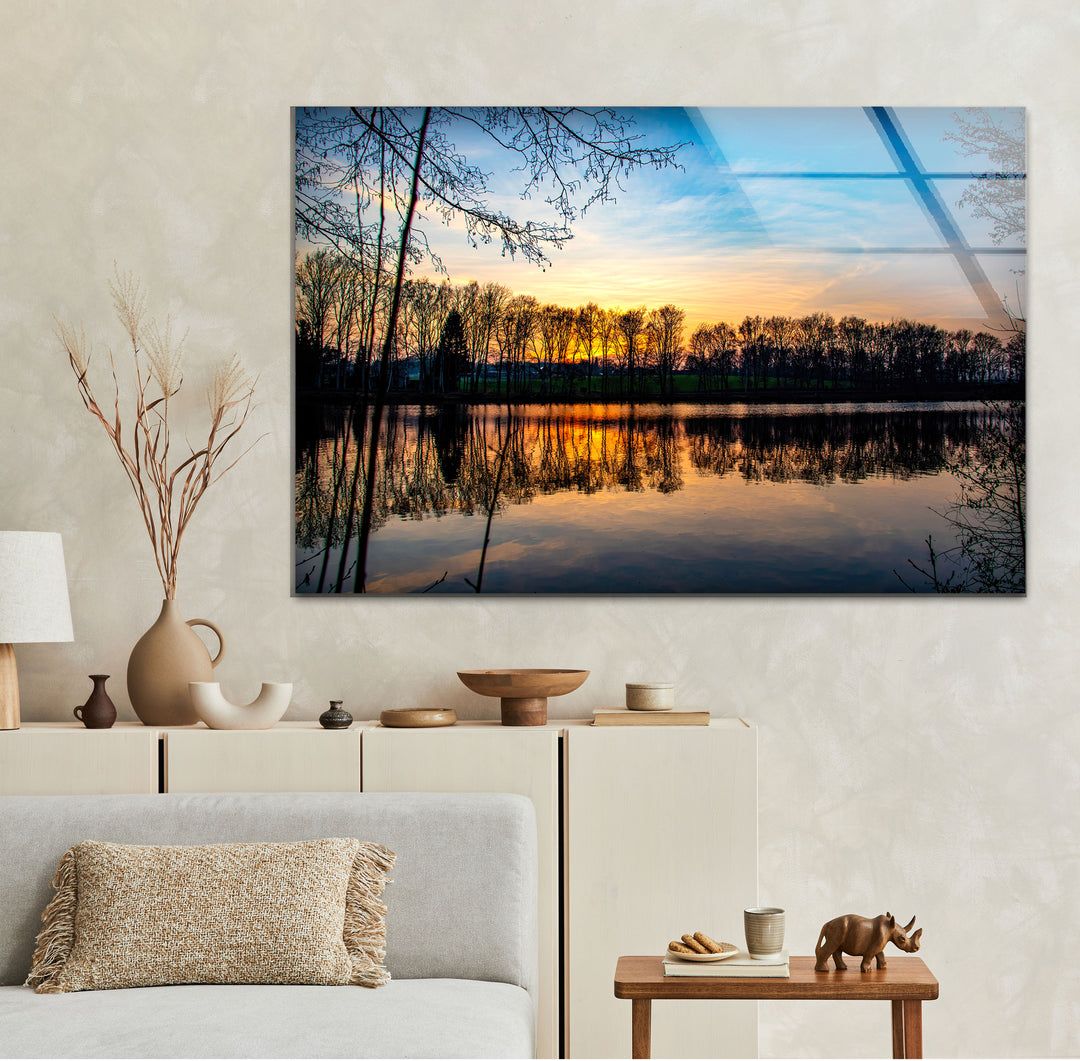 Sunset Forest Reflection Wall Art – Tranquil Lake Glass Print for Nature-Inspired Interiors