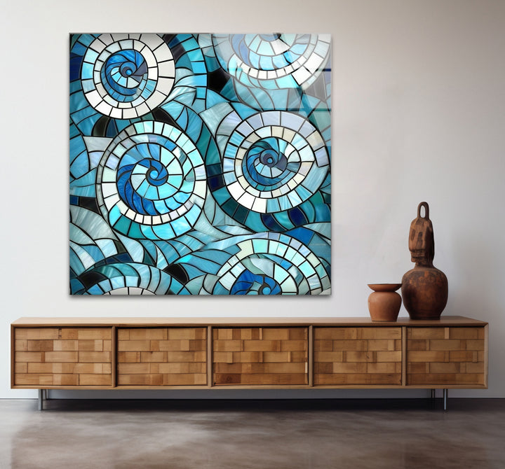 Nautical Spiral Stained Glass Wall Art – Blue Ocean Wave Design