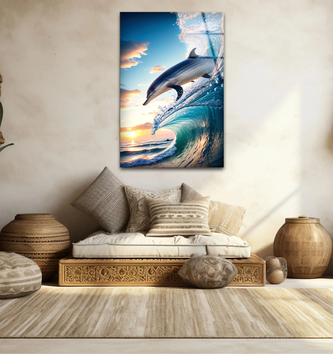 Jumping Dolphin Glass Wall Art – Ocean Wave Sunset Scene for Coastal Decor - MyPhotoStation