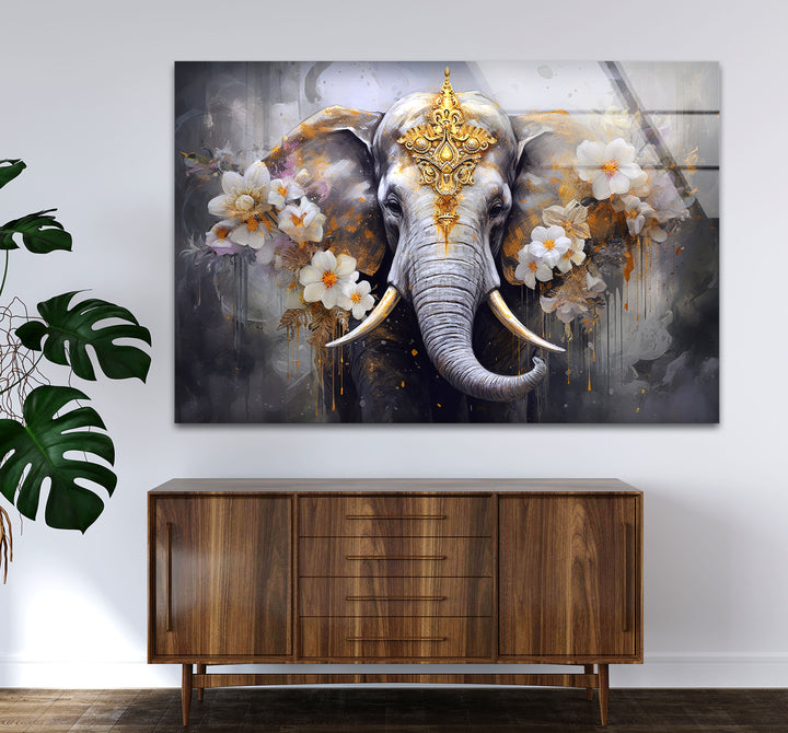 Regal Elephant Wall Art – Golden Floral Decor on Tempered Glass Panel