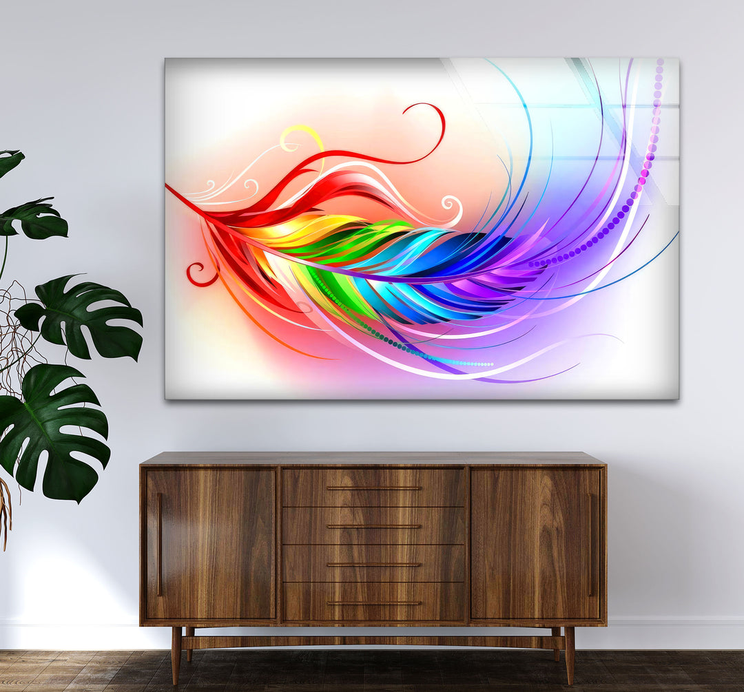 Rainbow Feather Glass Wall Art – Colorful Abstract Design for Modern Interiors