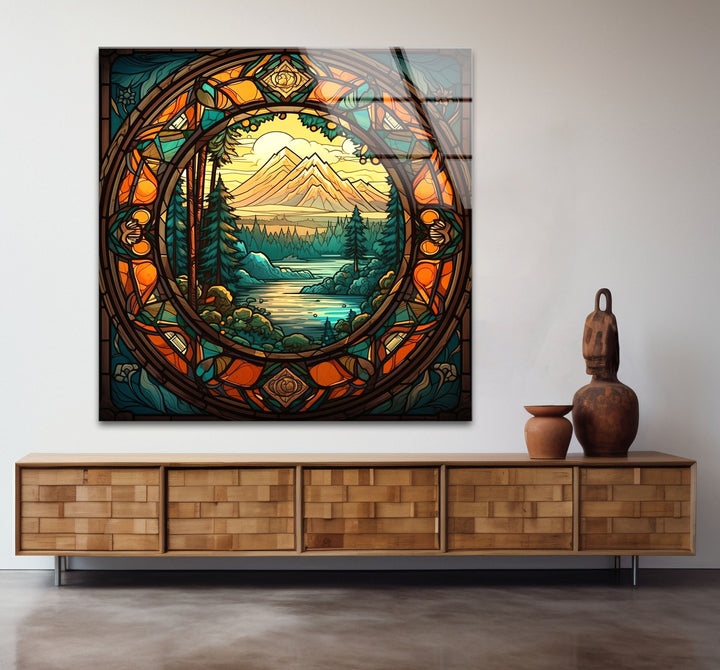 Stained Glass Mountain Landscape – Scenic Forest & River Window Panel