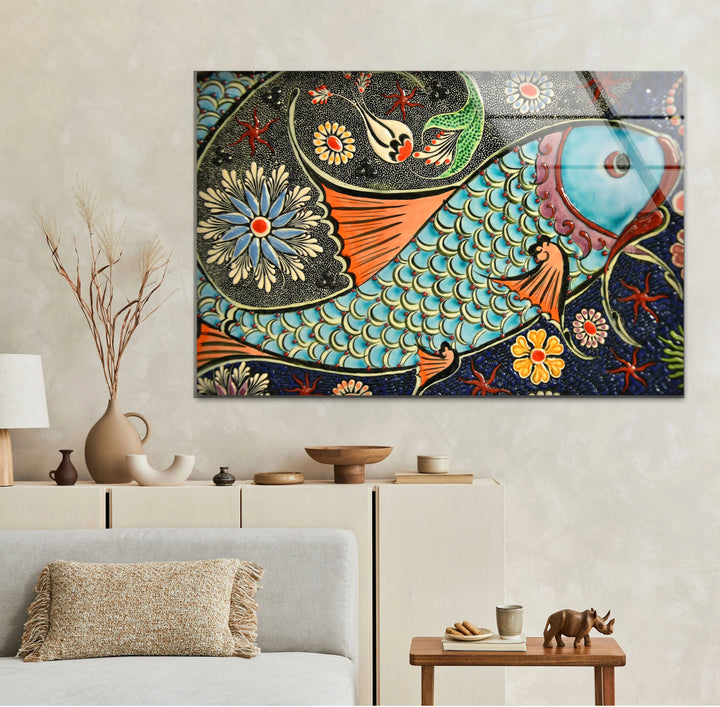 Floral Patterned Fish Wall Art – Turkish Ceramic-Inspired Glass Print - MyPhotoStation