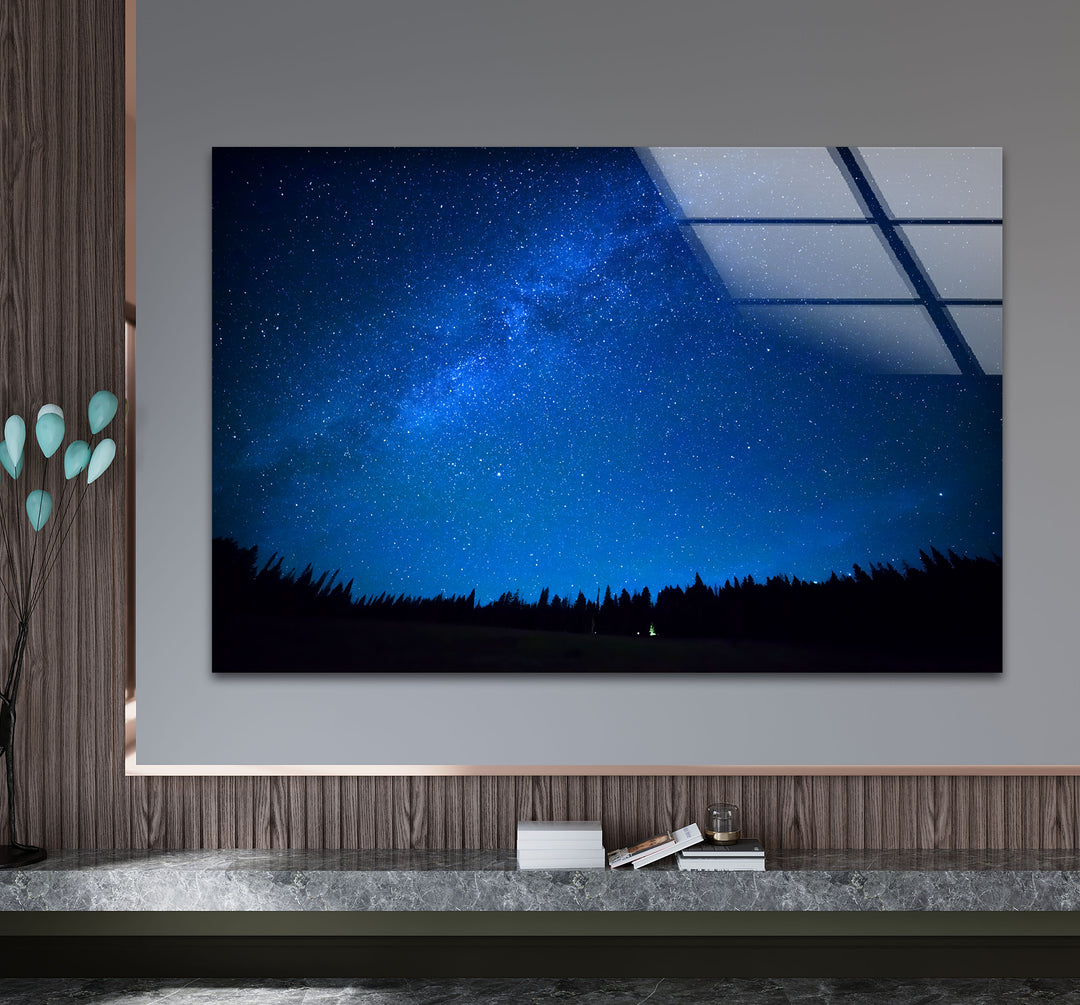 Starry Night Sky Wall Art – Deep Blue Milky Way Glass Print Decor
